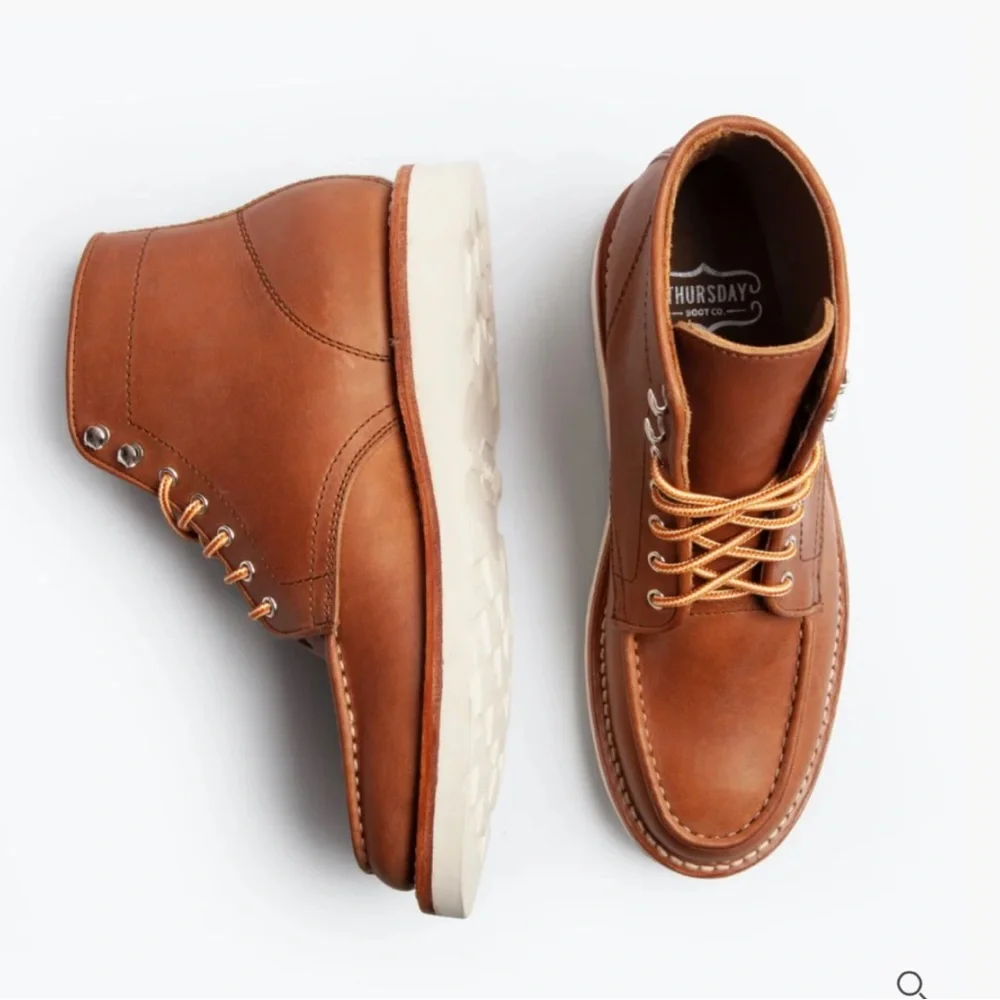 Thursday Boot Company Brown Leather Moc Toe Work Boots with Cream Sole